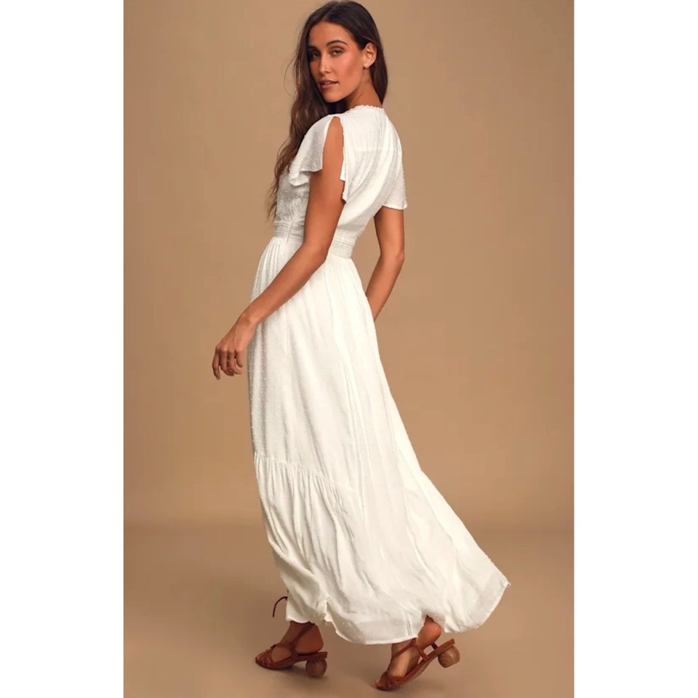 Lulus White Swiss Dot Maxi Dress Cottagecore Button Front Boho Lace‎ Trim Large - Picture 10 of 13